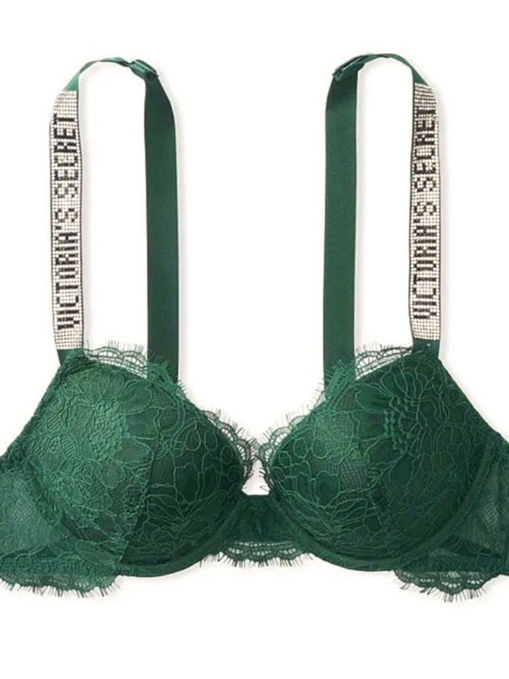 Victoria's Secret Dark Green Lace Push-Up Bra with Rhinestone Logo Straps